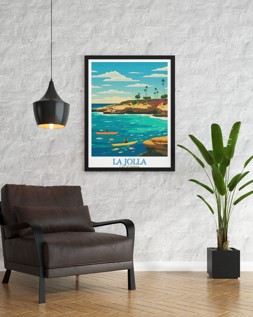 This La Jolla Cove Travel Print offers a picturesque view of Californias coastline, capturing the essence of the ocean and surrounding cliffs. Its timeless design makes it a perfect gift for beach lovers, while adding a touch of coastal elegance to any home or office.