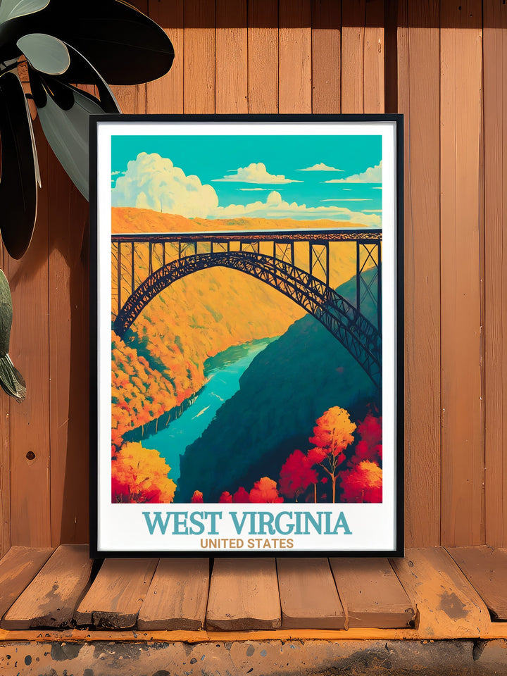 Elegant home décor print showcasing West Virginias Snowshoe Ski Resort and the iconic New River Gorge Bridge highlighting the rich landscapes of the Allegheny Mountains perfect for those who love the outdoors and scenic mountain vistas.