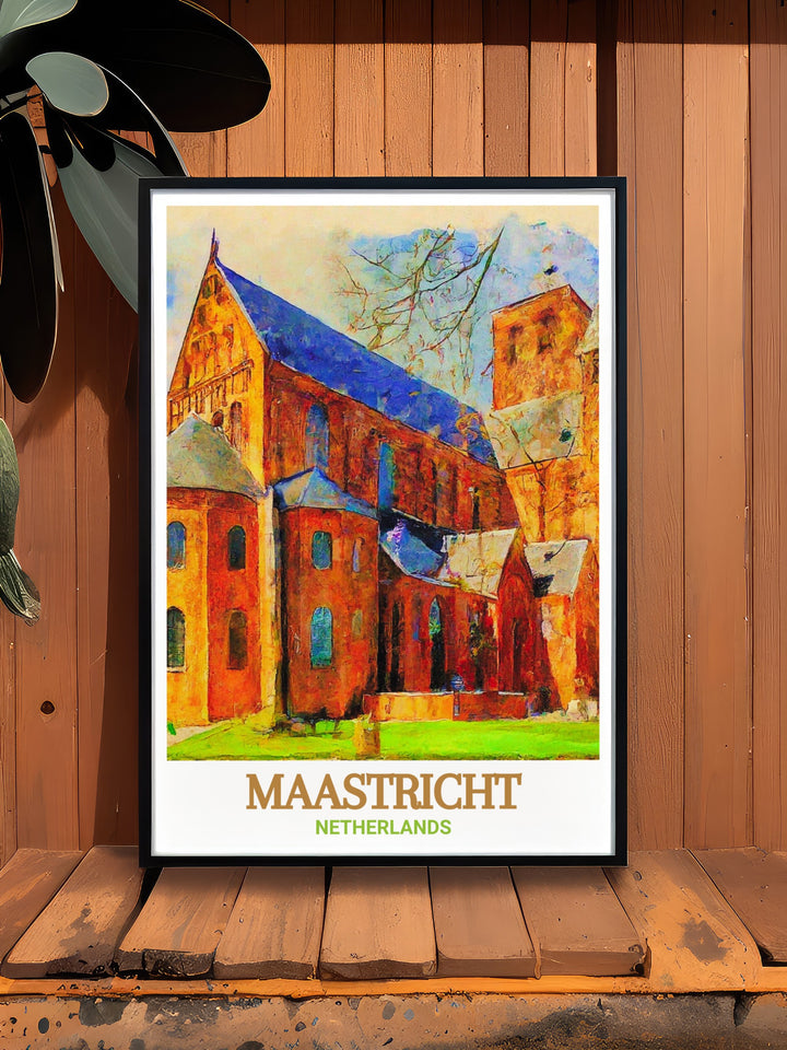 Maastricht Travel Print showcasing the iconic Basilica of Saint Servatius in the Netherlands. This wall decor piece is more than just an artwork; its a tribute to the architectural beauty and history of Maastricht. Perfect for art lovers and history enthusiasts, this Netherlands Home Decor brings the essence of Dutch heritage into your home