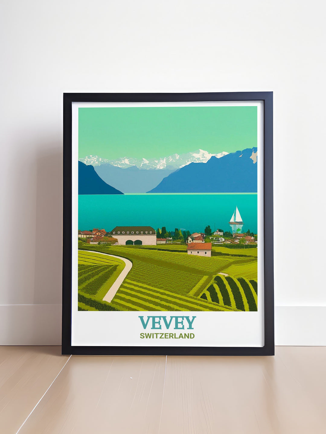 Vevey framed art highlighting the towns unique blend of culture and nature. This vintage style poster offers a glimpse into Switzerlands rich heritage and is a great gift for anyone who loves Swiss art and décor.