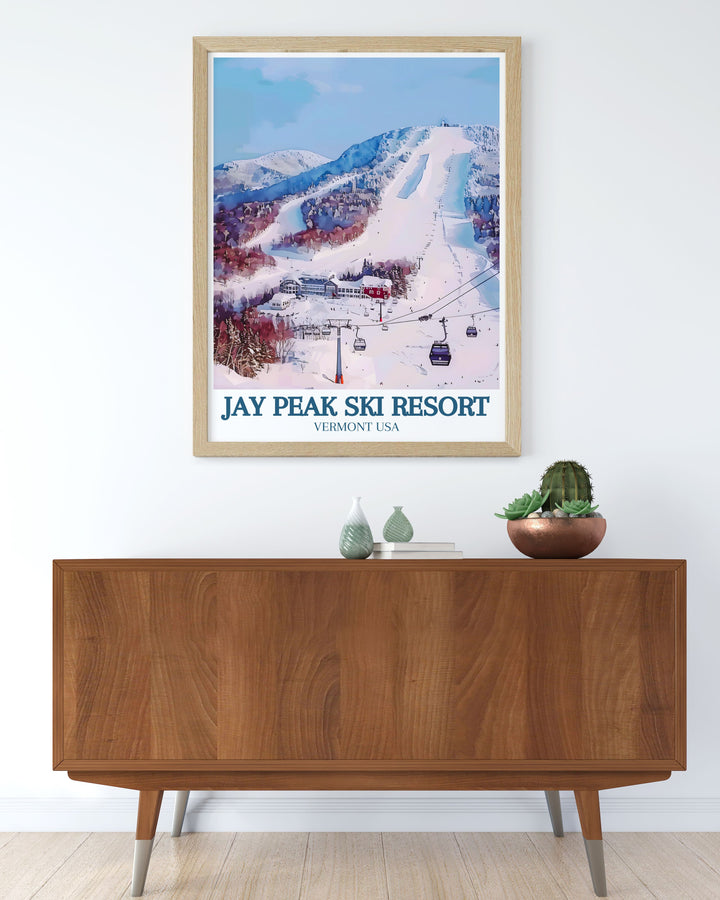 This vibrant print of Vermonts Green Mountains highlights the serene vistas, lush forests, and diverse wildlife around Jay Peak.
