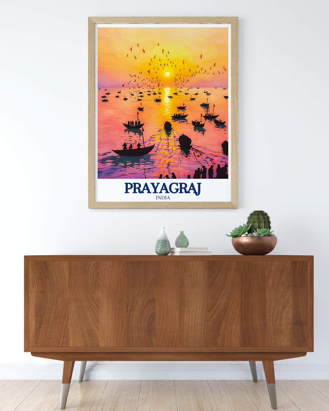 Vintage poster of Prayagraj showcasing a detailed map of the city, emphasizing the Triveni Sangam. This artwork is a perfect blend of historical and cultural representation, making it a meaningful addition to any collection of Indian heritage art.