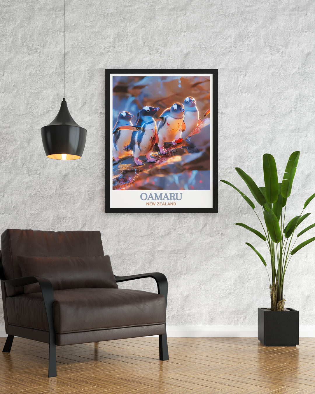 Oamaru Wall Print capturing the dynamic scene of Blue Penguins in their natural habitat along the coast of New Zealand. This wall print is a beautiful representation of New Zealands unique wildlife, ideal for enhancing any room with natures charm.