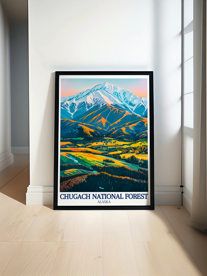 A travel poster showcasing the Chugach National Forest and Copper River Delta, this Alaska art print is perfect for decorating a home or office. The rugged beauty of the Chugach Mountains is brought to life in this beautiful, nature inspired wall art.