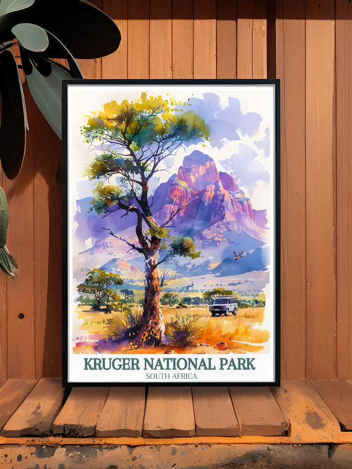 This art print features the picturesque Kruger National Park, capturing its diverse wildlife and stunning landscapes. Ideal for those who love serene settings and natural beauty, this poster brings the charm of Africa into your decor.