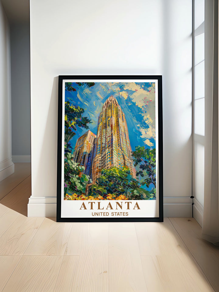 Atlanta print featuring Peachtree Towers is perfect for modern home decor. Add this Atlanta travel poster to your wall for a touch of city charm. Ideal for birthdays anniversary gifts or Christmas gifts and makes a great addition to any art collection.