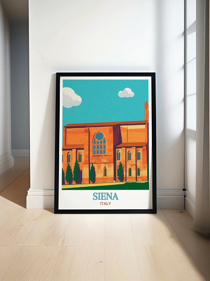 The stunning Siena Poster Print features the Basilica of San Domenico in elegant black and white. This fine line Siena Art Print brings a touch of Italian architecture and the citys charm to your wall decor perfect for gifts and home decoration.