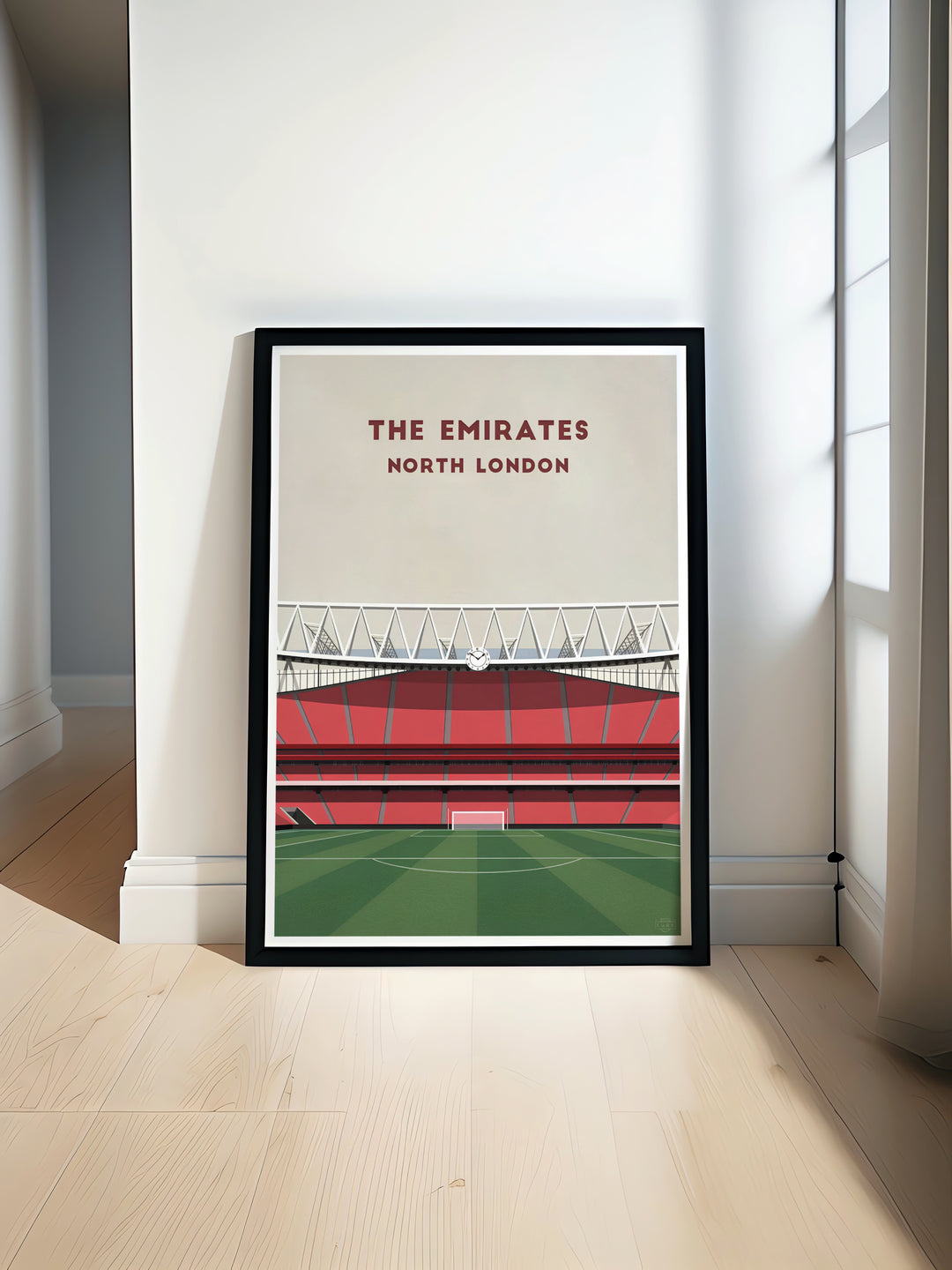 Minimalist visual review poster print highlighting Arsenal home ground Emirates Stadium in North London, available as unframed prints, framed wall art, or canvas wall decor for collectors.