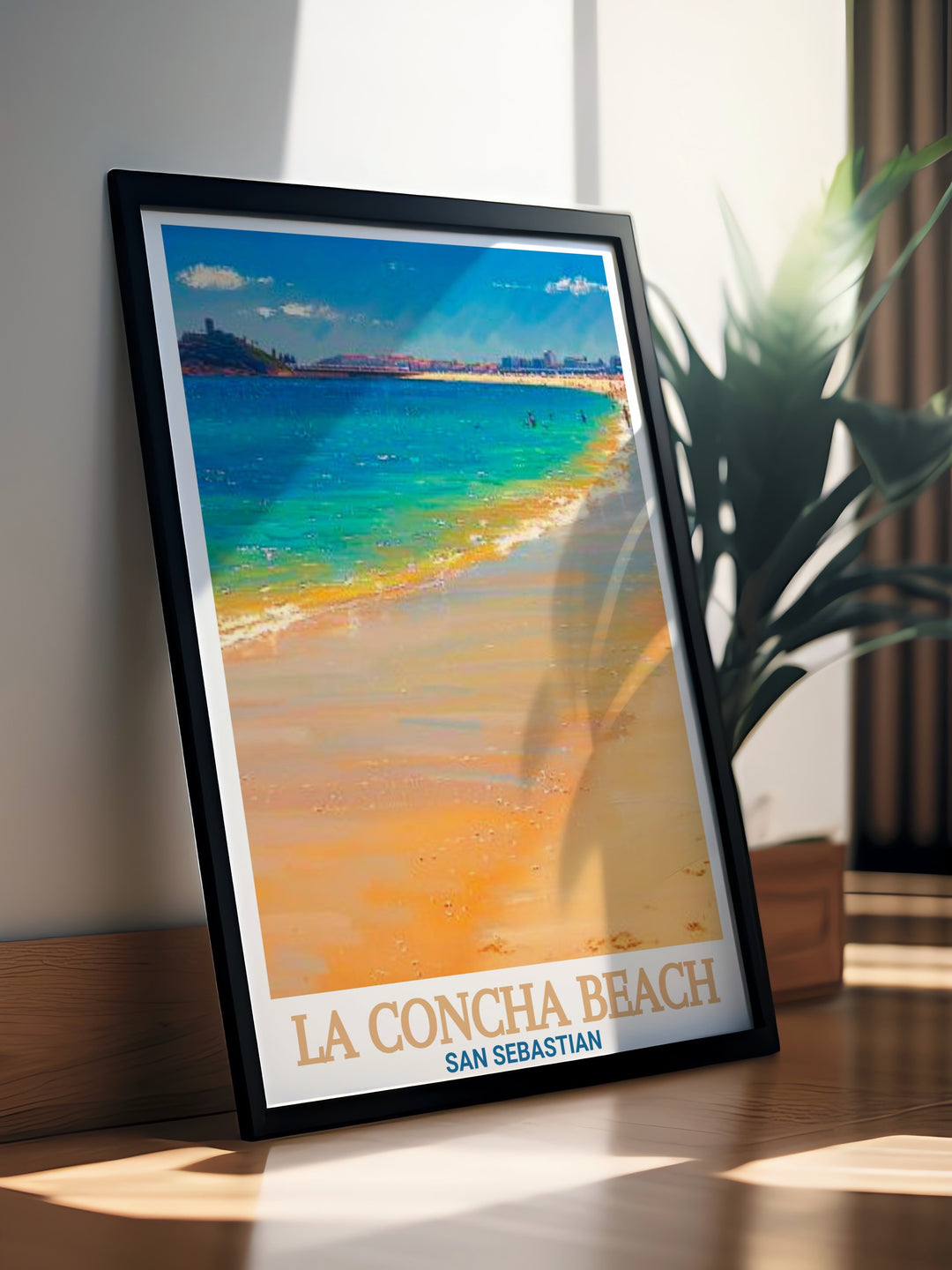 La Concha Beach poster depicting the iconic coastline of San Sebastián, Spain. This art print captures the beauty of one of Spains most renowned beaches, making it an ideal piece for home decor or a thoughtful travel gift.