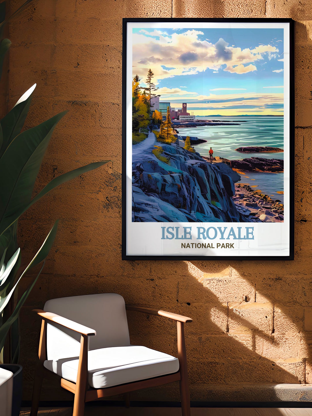 Stunning living room decor with Scoville Point prints depicting the rugged charm of Isle Royale National Park a must have for national park decor and nature lovers