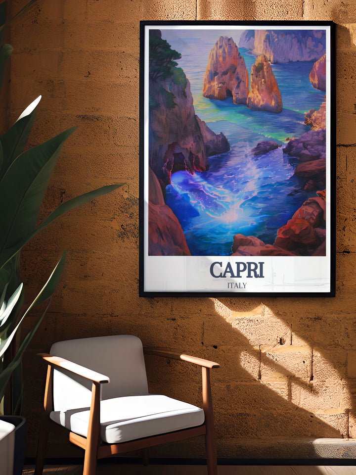 Capri Island art print showcasing the stunning Faraglioni Rocks Blue Grotto and lush botanical gardens Perfect for anyone looking to incorporate Mediterranean scenery into their home or office