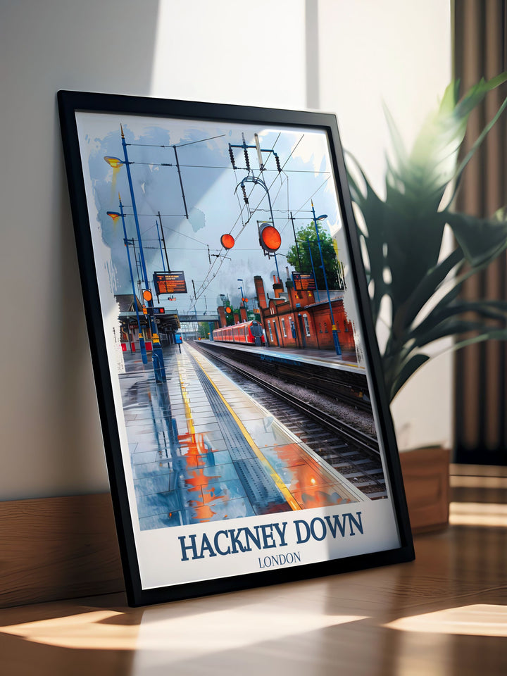 This travel poster captures the serene beauty of Hackney Downs Park, showcasing its lush green lawns and mature trees, perfect for bringing a touch of Londons nature into your home decor.