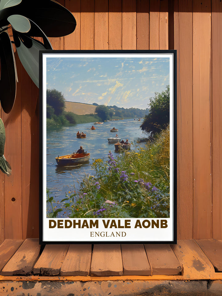 Vintage poster highlighting the artistic heritage of Dedham Vale, featuring the landscapes that inspired John Constables most famous works.