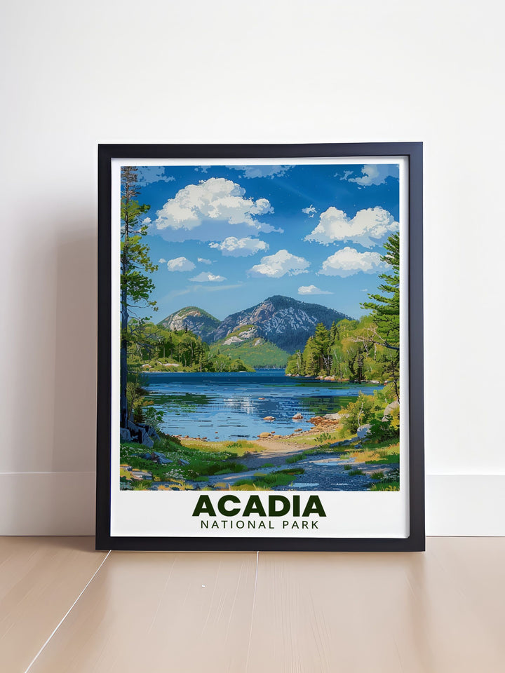 Add the peaceful charm of Jordan Pond to your home with this Acadia National Park art print. Featuring vibrant colors and retro inspired design this national park poster elevates any space and makes a wonderful gift for nature lovers.