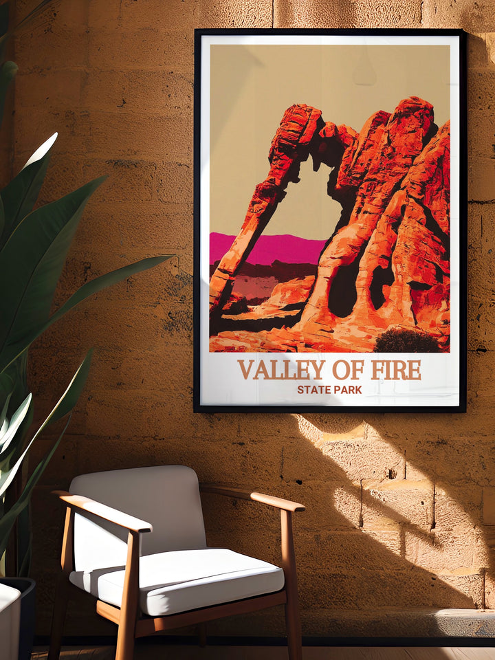 Valley of Fire State Park art print featuring Elephant Rock. This vibrant and detailed artwork captures the unique red sandstone formations and the majestic beauty of Elephant Rock. Perfect for adding a touch of Nevadas natural landscape to your home decor.