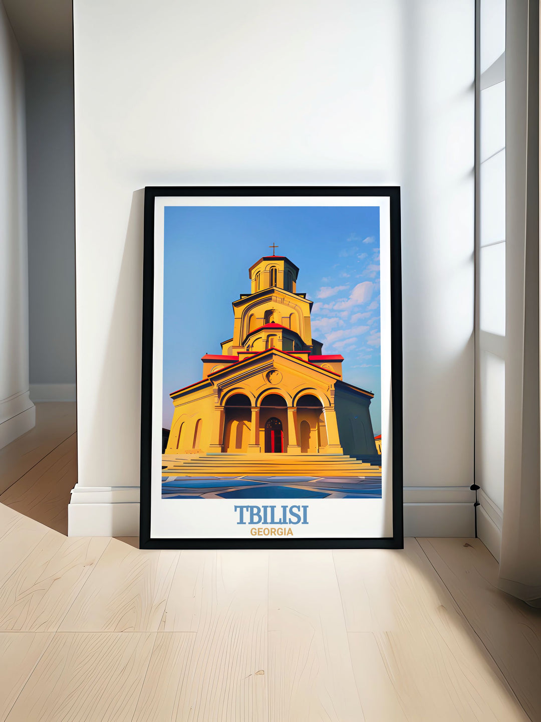 Tbilisi Poster Print featuring the Holy Trinity Cathedral and a detailed city map offering a beautiful piece of wall art for any home or office. Perfect for those who love Georgian culture this artwork also makes for a thoughtful personalized gift.