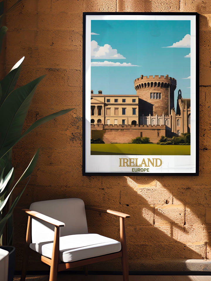 This Dublin travel poster highlights the iconic Dublin Castle alongside the citys bustling streets, making it a great gift for lovers of history, culture, and Irish art. Add this unique piece to your wall and experience the beauty of Ireland from your home.