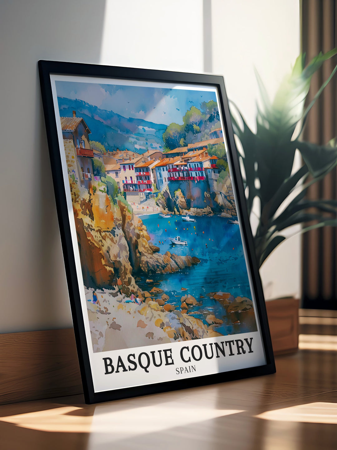 A vibrant wall art print capturing the scenic vistas of Spains Basque Country, from the rolling hills to the stunning coastline of the Bay of Biscay. The poster features the charming village of Getaria, a popular travel destination known for its picturesque views and cultural heritage.