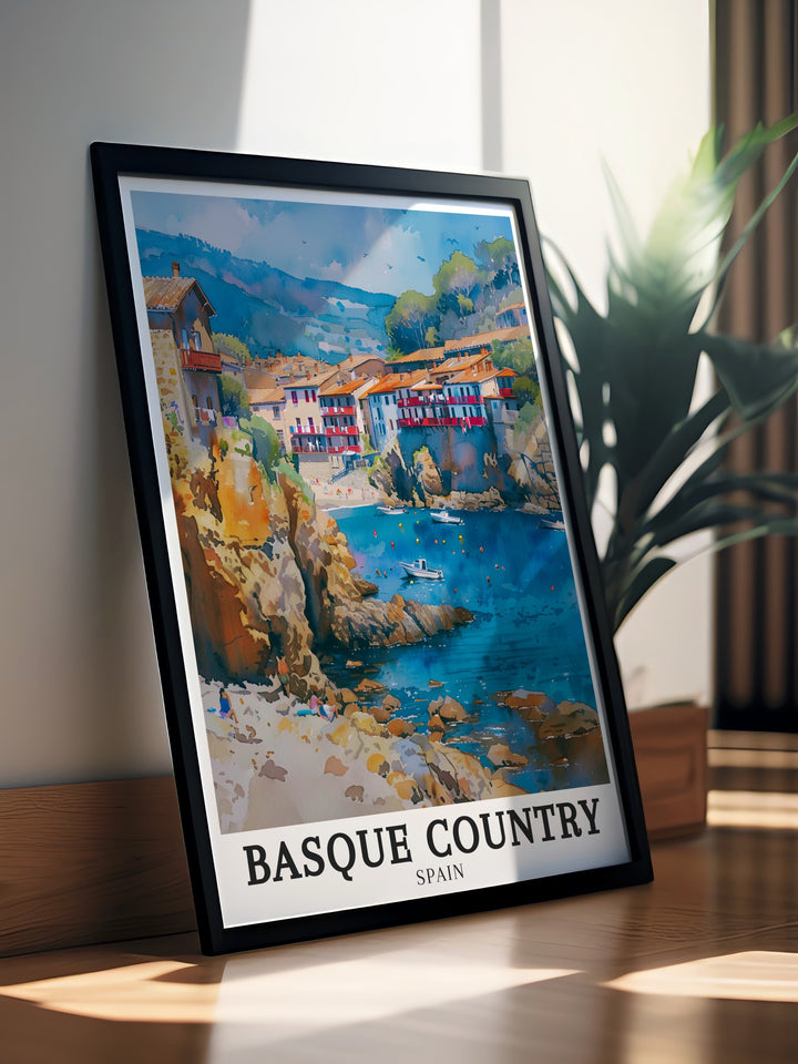 A vibrant wall art print capturing the scenic vistas of Spains Basque Country, from the rolling hills to the stunning coastline of the Bay of Biscay. The poster features the charming village of Getaria, a popular travel destination known for its picturesque views and cultural heritage.