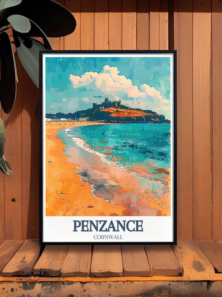 Elegant Porthleven Print showcasing the South Cornish Coast and the majestic Mount Bay St Michaels Mount perfect for those who appreciate modern decor and wish to bring a touch of Cornish elegance to their living spaces