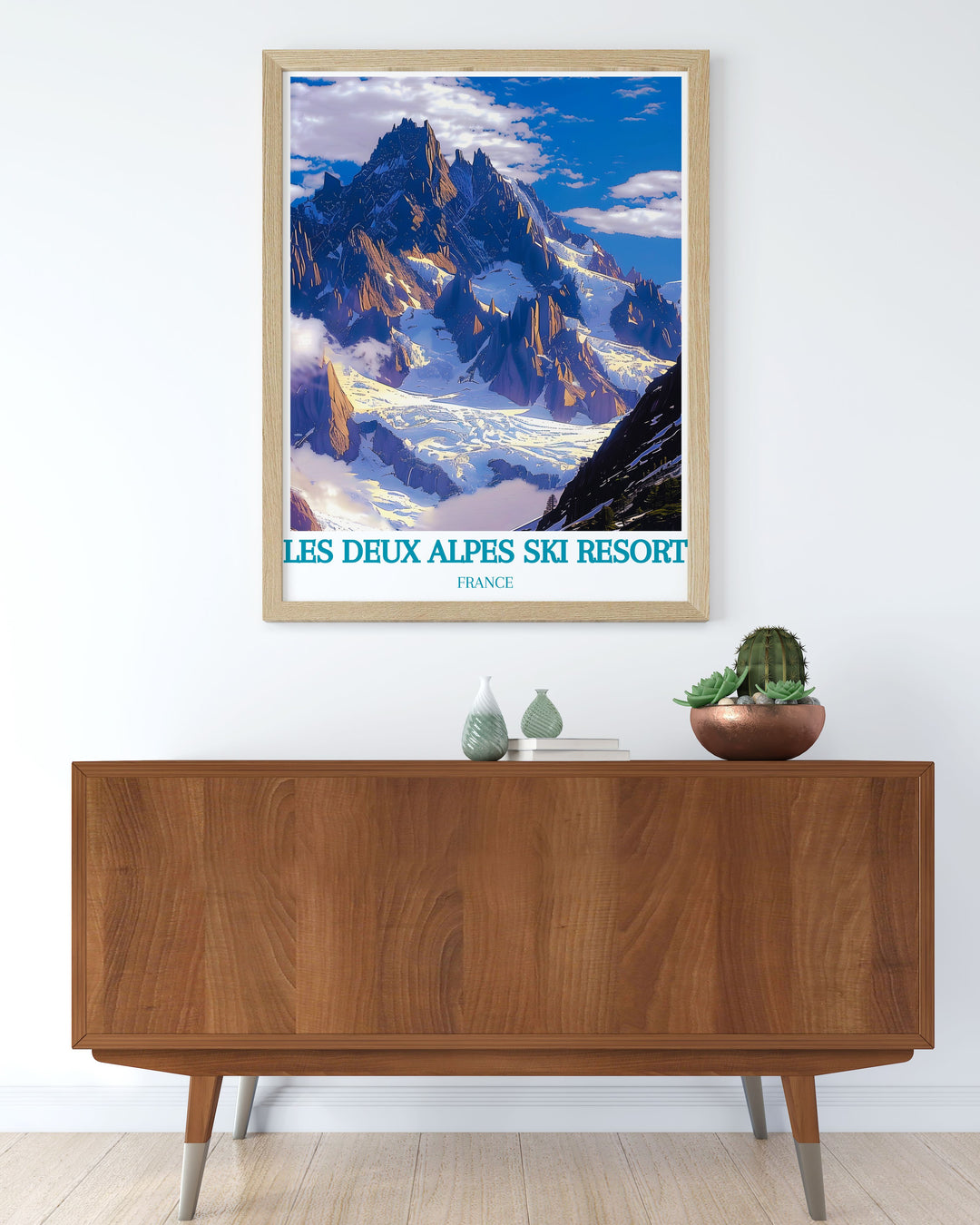 This vibrant art print of Les Deux Alpes Ski Resort features the bustling ski village and pristine snow covered slopes, making it a standout piece for those who love winter sports and alpine scenery.