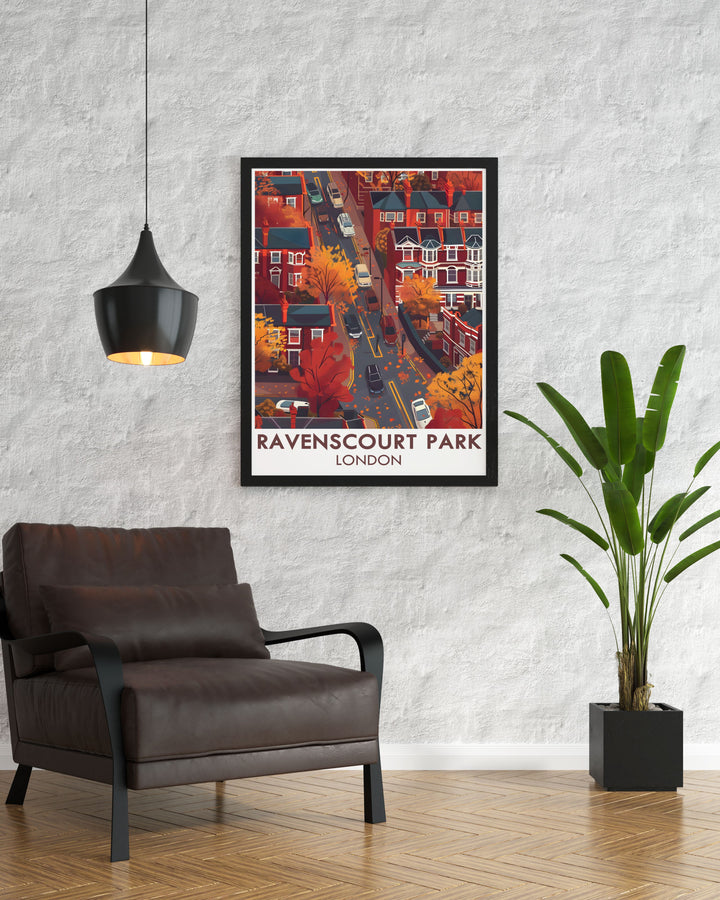 Elegant Ravenscourt Park Residentials Modern Art Print featuring the serene park and lush greenery. Perfect for adding a sophisticated touch to your decor, this print captures the timeless beauty of one of Londons hidden gems.