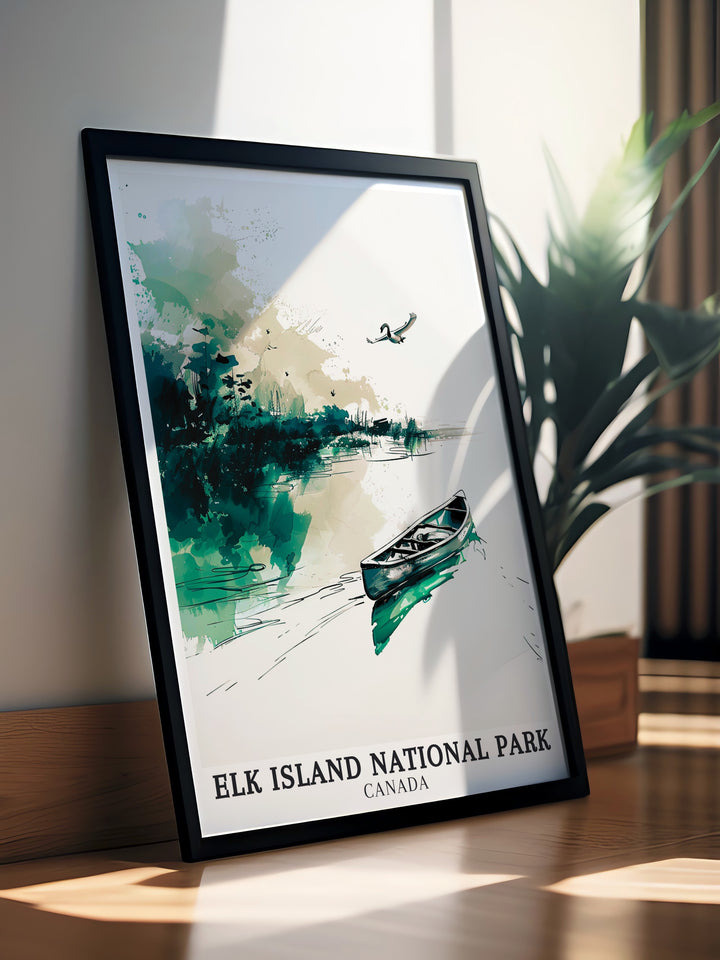 Alberta canvas art featuring Elk Island National Parks Oster Lake, known for its tranquil ambiance and natural beauty. This artwork is a stunning representation of Canadas wilderness, making it a must have for any art collection.