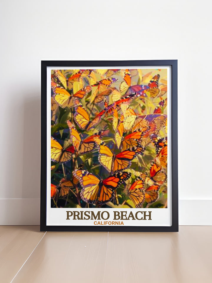 Travel Poster of Pismo Beach with exquisite details and vibrant colors perfect for California enthusiasts Monarch Butterfly Grove artwork adds a unique and elegant element to any space