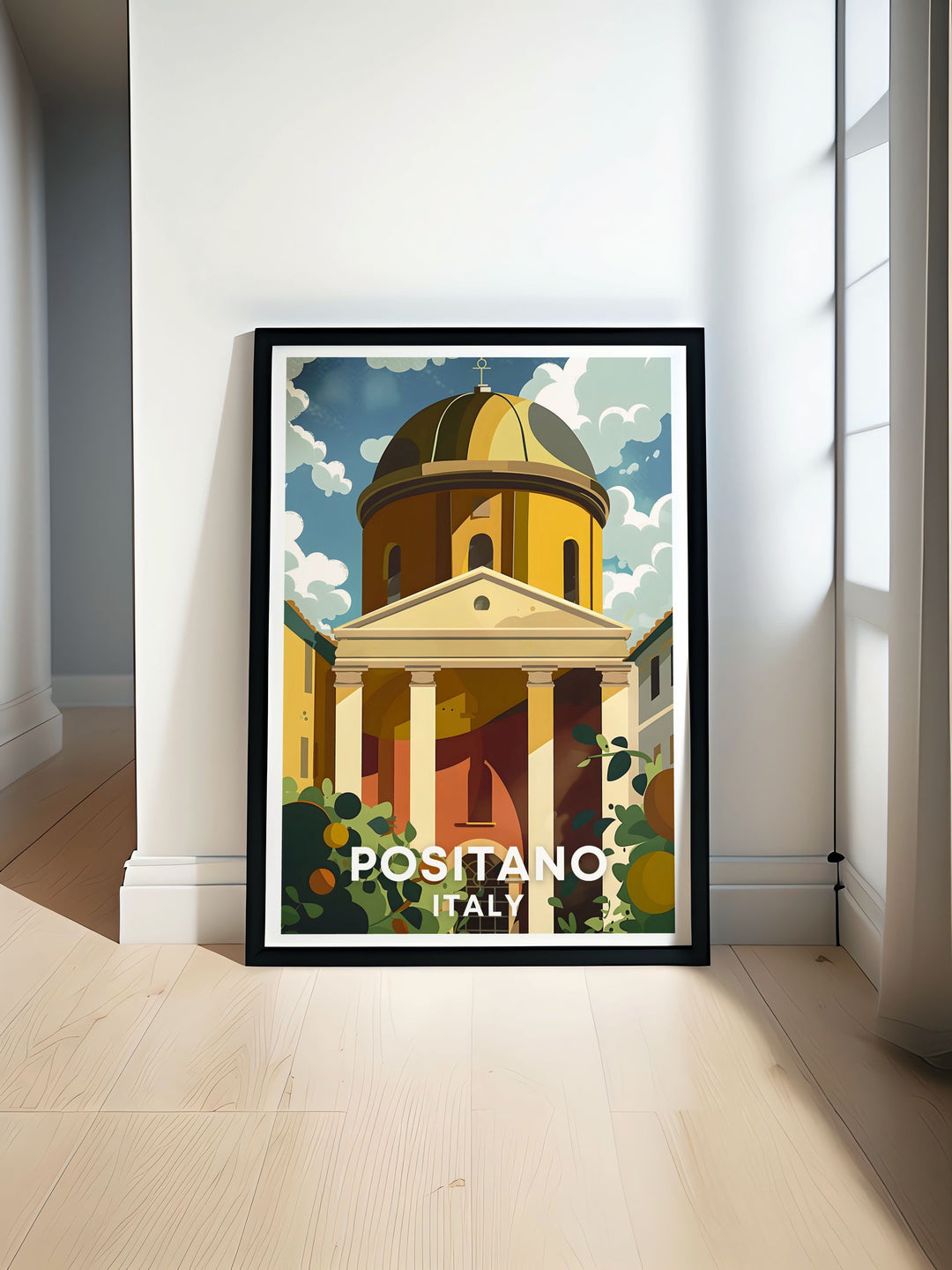 Positano art print showcasing The Chiesa di Santa Maria Assunta with its iconic dome ideal for adding a touch of Italian charm to your home decor perfect for wall decor that evokes the timeless beauty of the Amalfi Coast