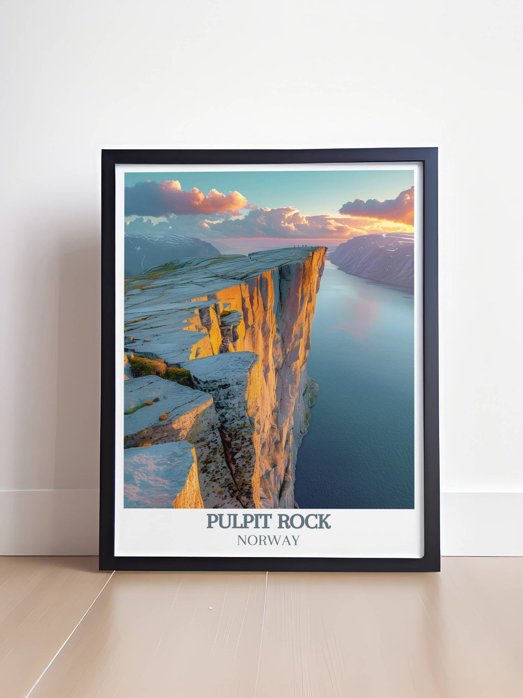 Vintage travel print of Pulpit Rock Norway combined with modern art for stylish wall decor that highlights the beauty of Preikestolen and enhances any living space