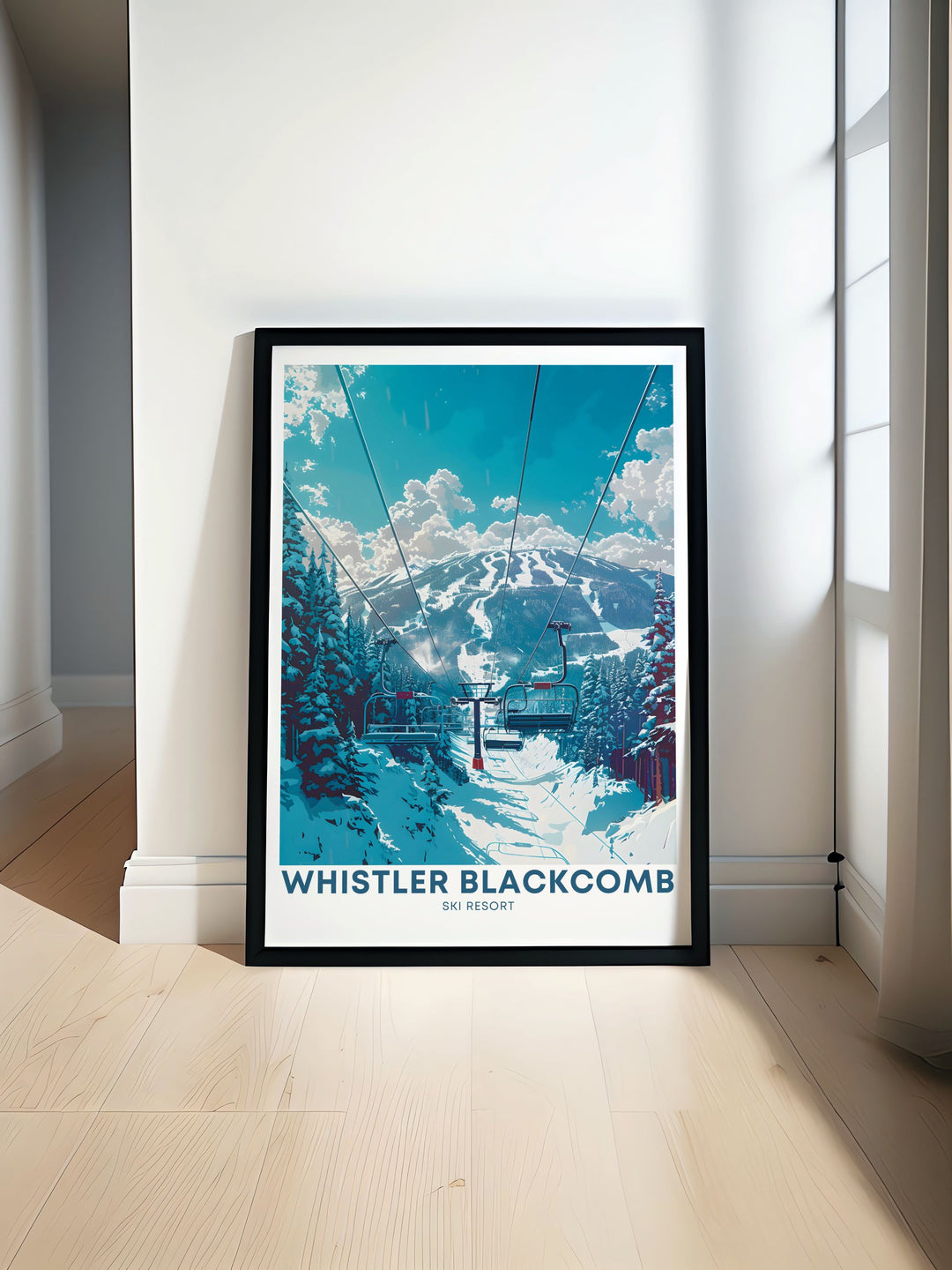 Whistler peak chair lifts travel poster featuring the stunning scenery of Whistler Blackcomb in British Columbia BC. Perfect for ski enthusiasts and winter sports lovers looking for unique and captivating wall art to enhance their home decor.