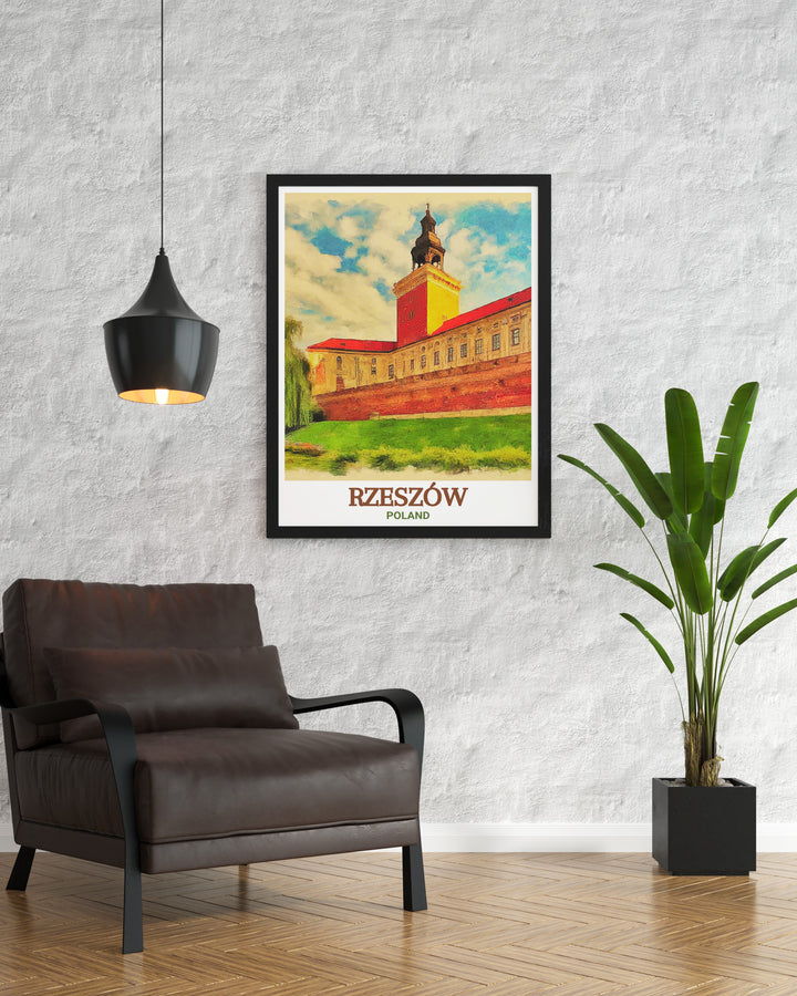 This Rzeszow Castle artwork is a timeless addition to any space featuring the majestic architecture of the castle set against a serene backdrop making it a perfect choice for those looking to enhance their home decor with Poland art.