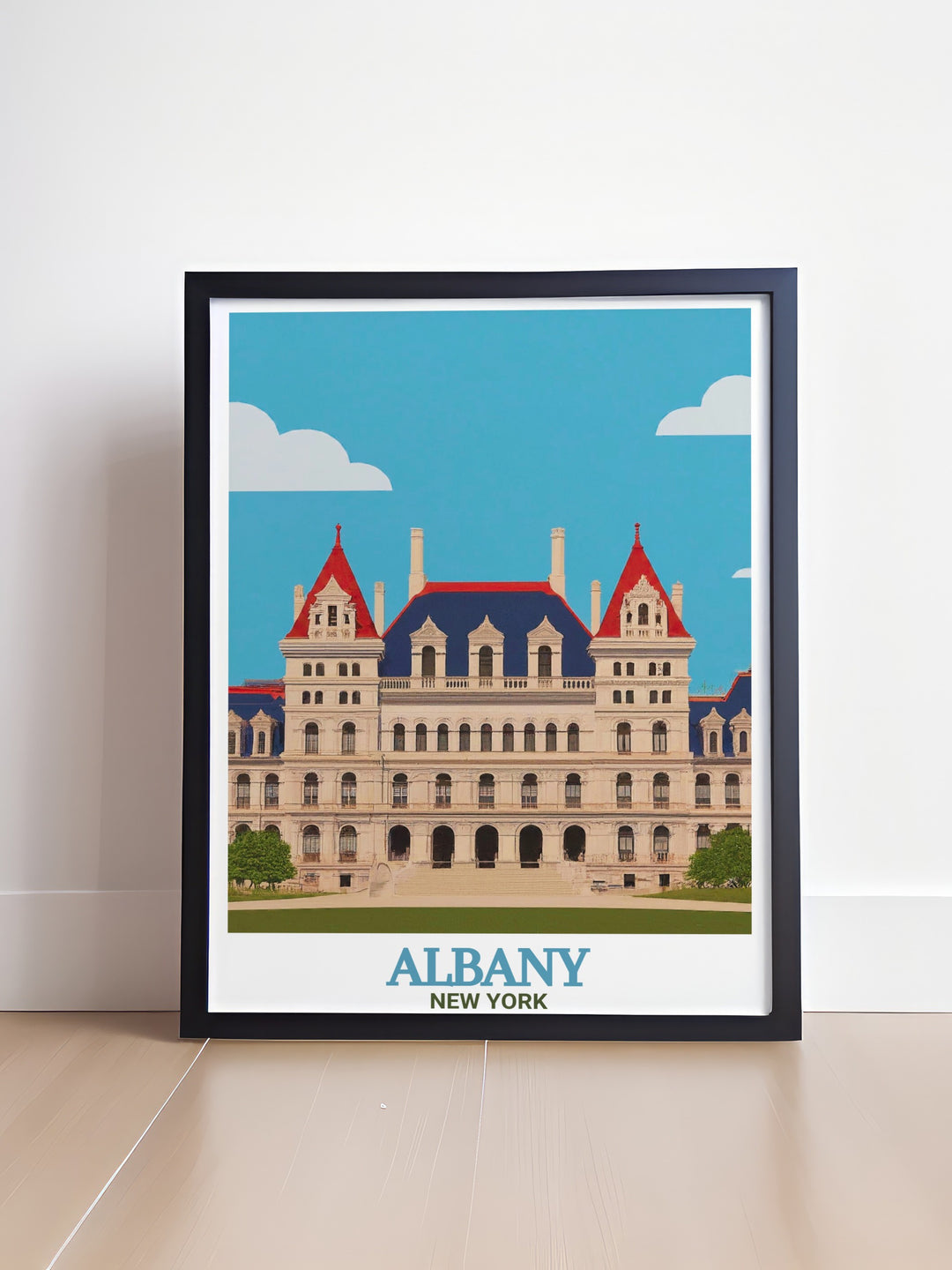 New York State Capitol travel poster featuring the majestic presence of Albanys historic building ideal for those seeking New York State art and unique Albany gifts to enhance their home or office decor with captivating wall art and sophisticated design.