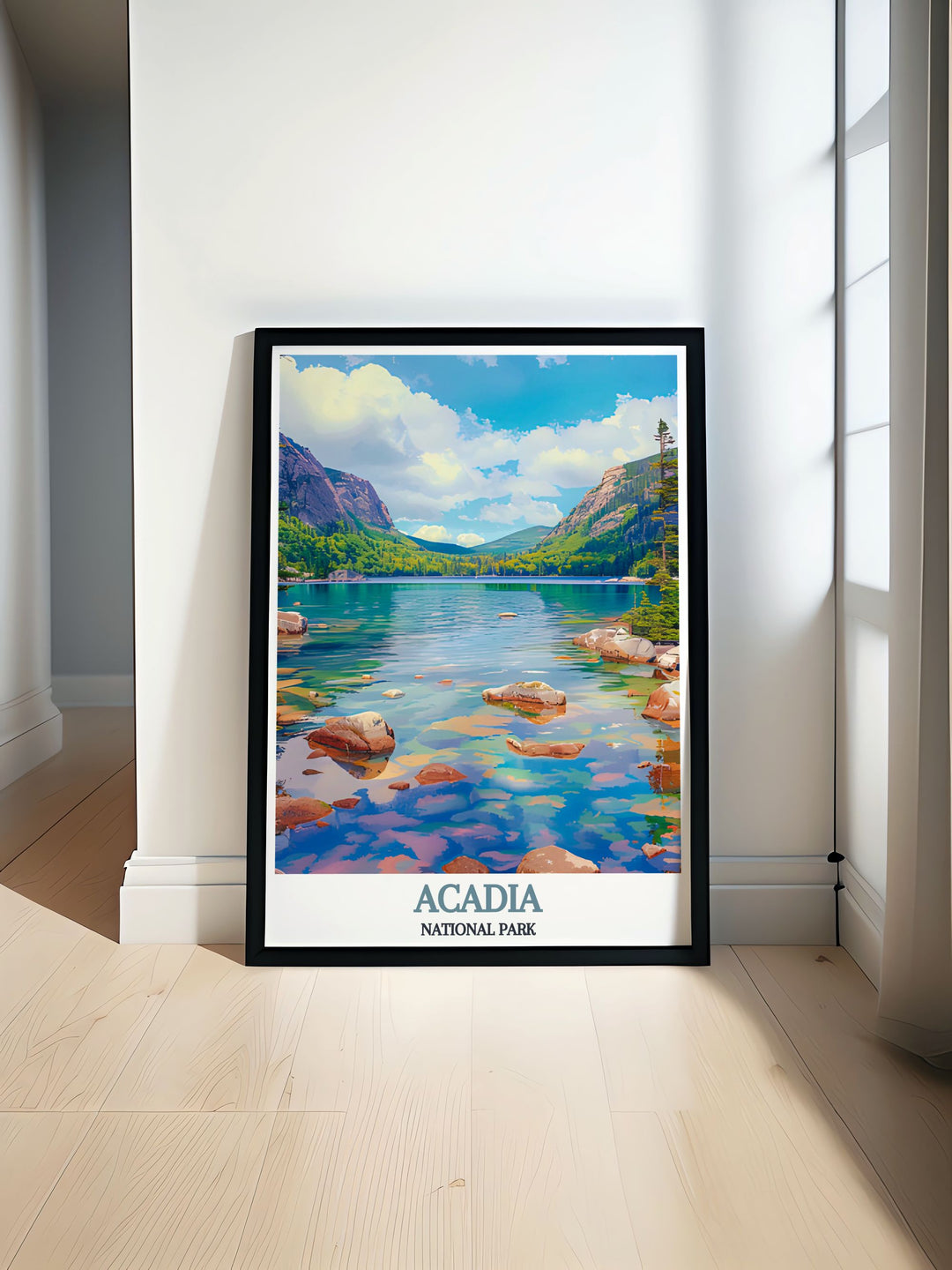 Acadia National Park print showcasing the tranquil beauty of Jordan Pond perfect for nature lovers who appreciate national park wall art and vintage travel posters ideal for enhancing home decor with a touch of natural serenity and timeless charm.