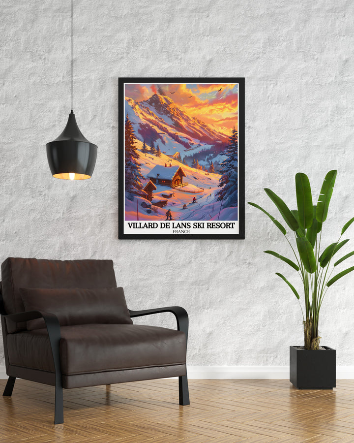 Retro Ski Print showcasing the Villard de Lans village with the magnificent Grande Moucherolle peak in the background this vintage ski poster is a great addition to any room adding a touch of alpine beauty and nostalgic ski culture.