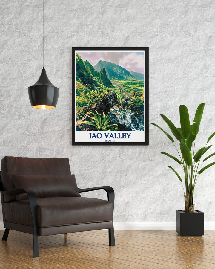 Iao Valleys iconic Iao Needle and Iao Stream are brought to life in this travel poster. The vibrant green valleys and the majestic tower of the needle offer a serene and striking focal point for any space. Whether as a personal piece or a gift, this artwork is a timeless tribute to Hawaiis natural beauty.