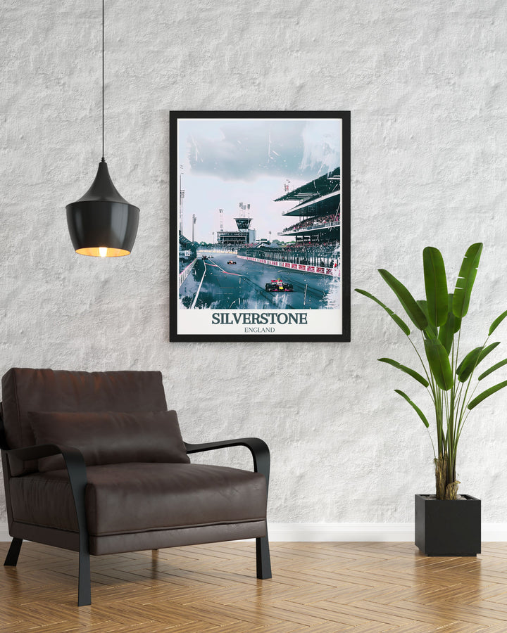 Silverstone Circuit BRDC Grandstand racing event poster with intricate details and vivid colors. This artwork portrays the excitement of the racing venue, focusing on the grandstand and track, and serves as a captivating addition to any sports home decor setup.