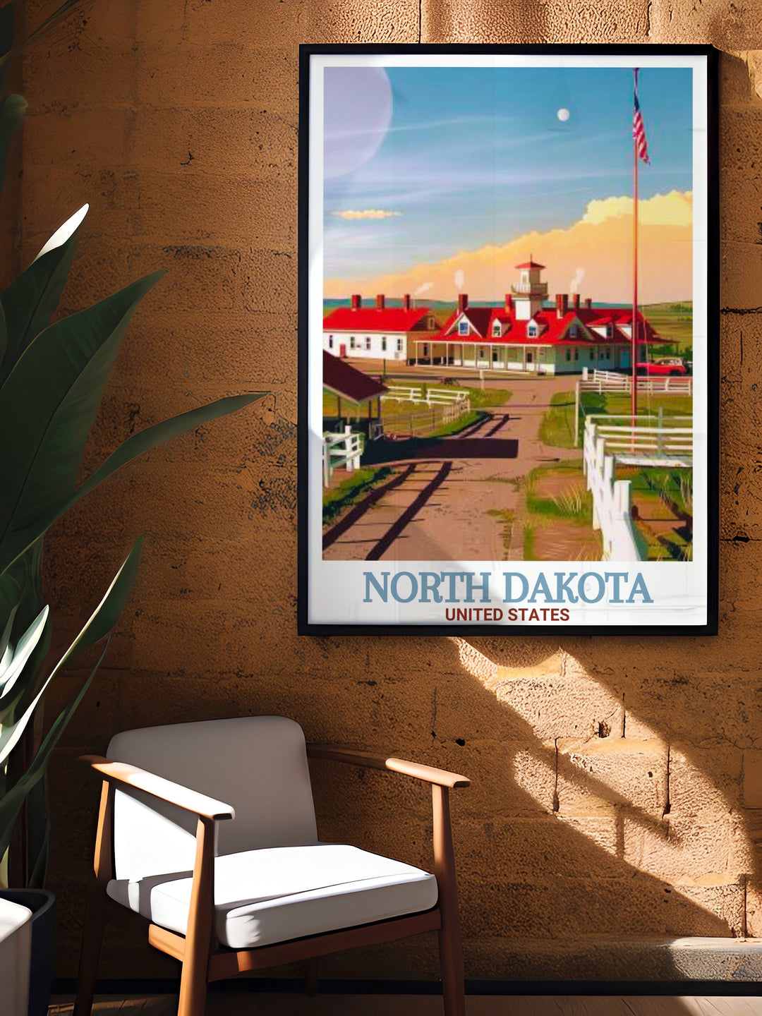 USA Travel Poster of Fort Union Trading Post in North Dakota, celebrating the rich cultural history of the area. This detailed poster showcases the beauty of the Missouri River and the trading post, making it a perfect travel gift for lovers of American heritage.