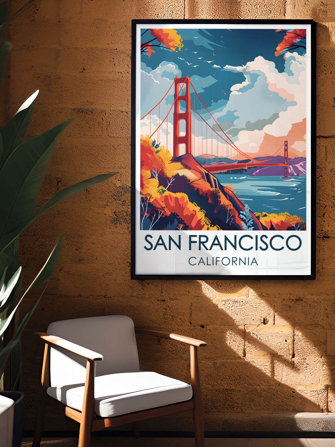 The Golden Gate Bridge stands tall and majestic in this San Francisco Poster Print, capturing the essence of Californias architectural wonder. The vibrant colors and intricate details of the bridge are set against the calm waters of the San Francisco Bay, perfect for coastal and city themed decor.