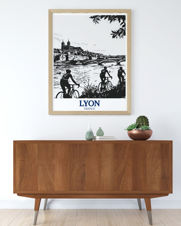 A stunning travel print of Lyons Pont de la Guillotière bridge over the Rhône River, detailed with fine line art and rich colors. This poster brings a sense of French architectural beauty and serene landscape to any room in your home.