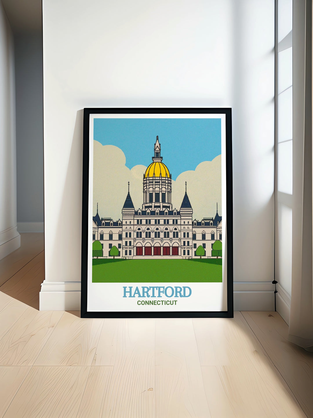 Hartford print showcasing a colorful city design featuring the Connecticut State Capitol in a fine line art style. This modern art print adds elegance to your decor and makes a perfect gift for friends or as stunning living room wall art.