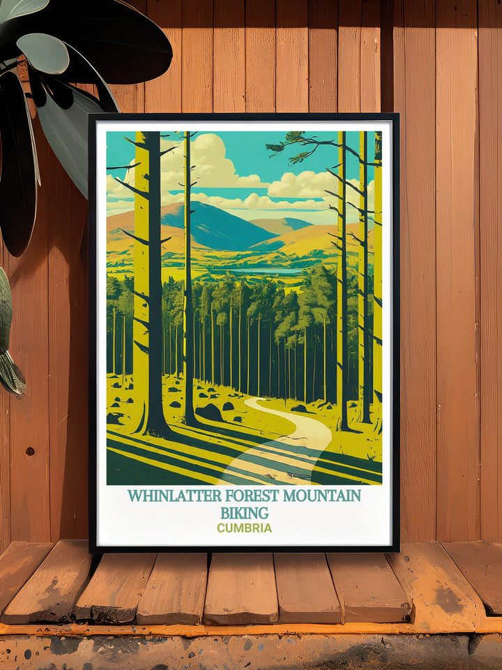 Whinlatter Forest Park travel print highlights the diverse landscapes of this unique destination in Cumbrias Lake District. From mountain biking trails to peaceful forest walks, this artwork is perfect for outdoor enthusiasts and those who love the natural beauty of England.