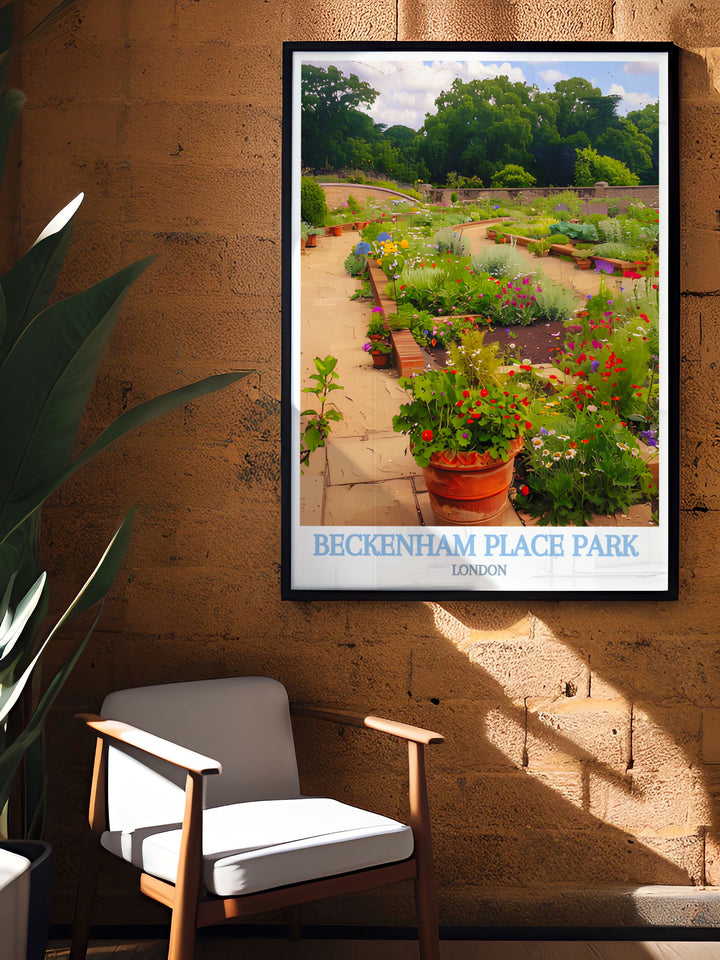 Travel poster of Beckenham Place Park with a retro design and vibrant colors, showcasing the parks most beloved features and inviting viewers to explore its many wonders, perfect for travel enthusiasts and art collectors.