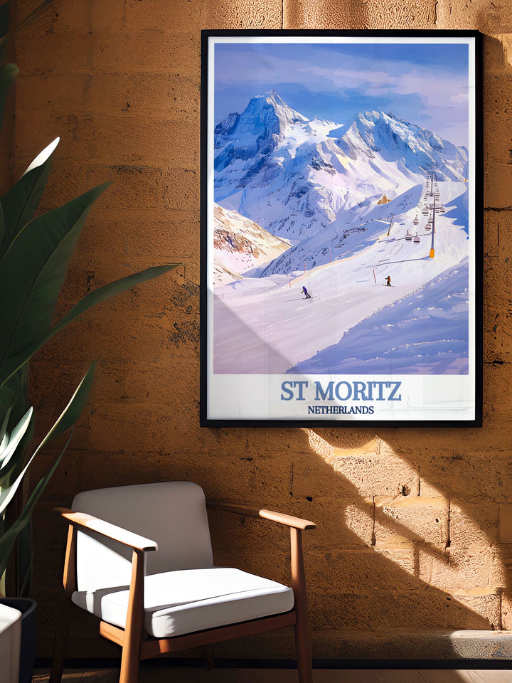 Featuring the iconic slopes of Corviglia, this poster celebrates the exhilarating experience of skiing in the Swiss Alps, inviting viewers to discover the beauty of St Moritz.