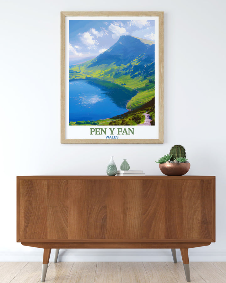 Pen y Fan Poster Print capturing the stunning views of Wales highest peak and the serene Llyn y Fan Fawr. This travel print brings the breathtaking beauty of Brecon Beacons National Park into your home, ideal for nature lovers and adventurers alike.