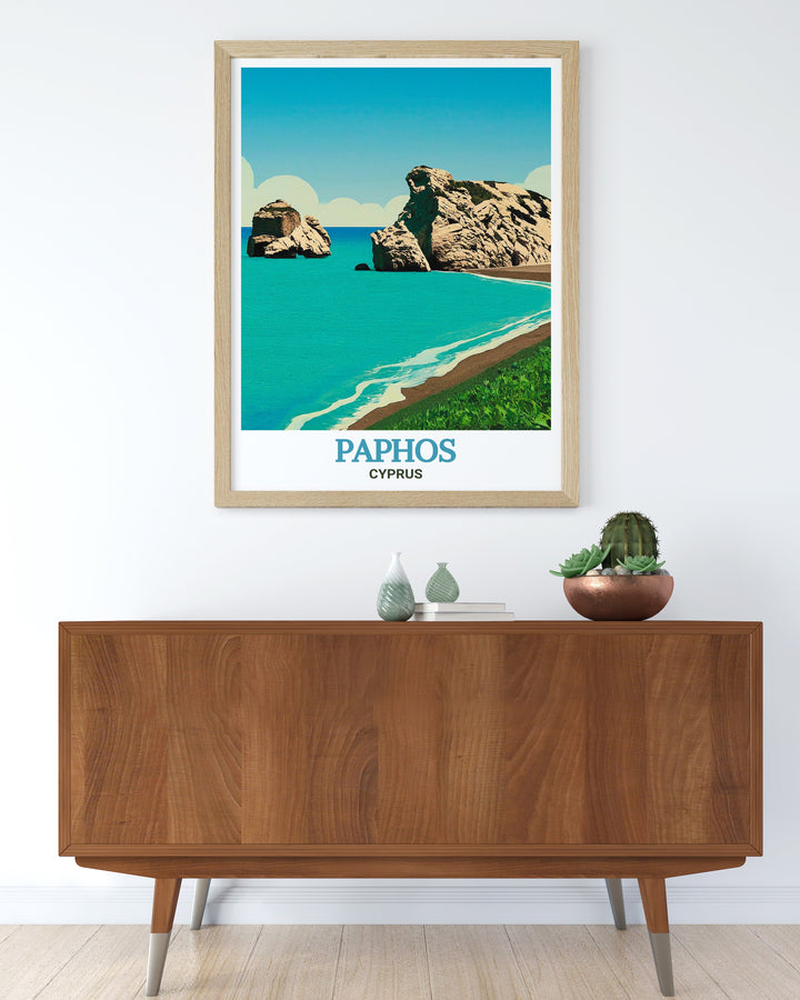 Add a touch of Mediterranean magic to your decor with this exquisite Aphrodites Rock wall art, showcasing the timeless beauty and mythological significance of Cyprus. This piece serves as a daily reminder of the islands rich heritage and natural splendor.