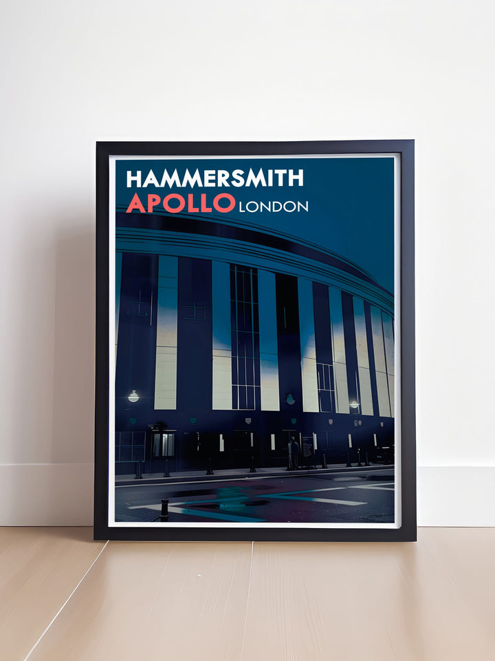 Featuring the Hammersmith Apollo, this art print showcases the legendary music venues exterior, perfect for fans of live music and Londons rich cultural heritage.