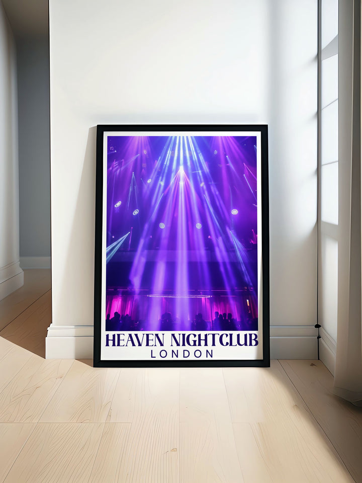 This travel poster of Heaven Nightclub highlights the vibrant atmosphere and historical depth of one of Londons most famous nightclubs.