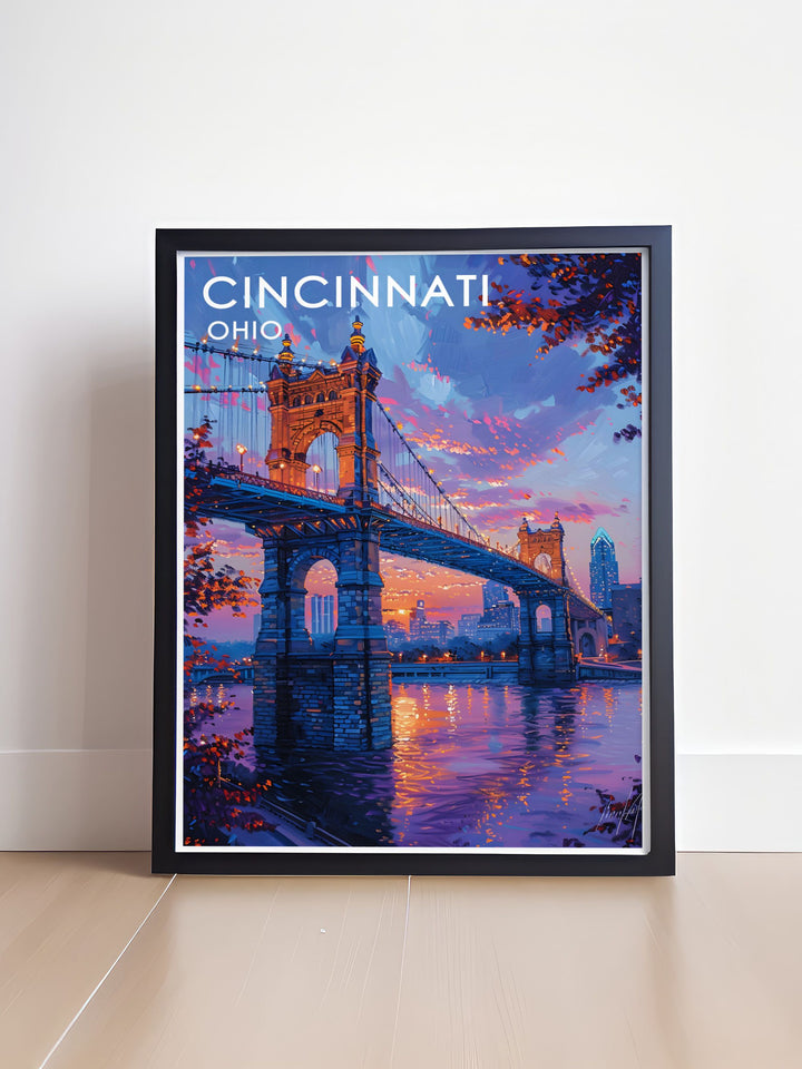 A travel print that highlights the architectural beauty of Cincinnatis skyline, with a special focus on the Roebling Suspension Bridge. Ideal for home décor, it brings a touch of Ohios history into any room.