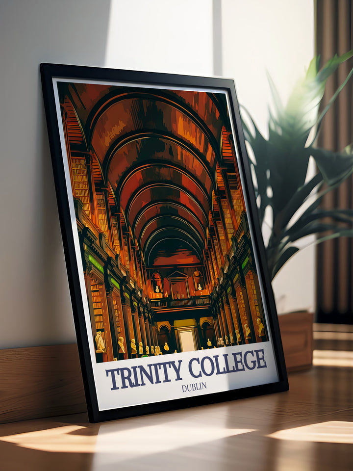 Add a piece of Dublins academic history to your wall with this travel poster of Trinity Colleges Long Room. The detailed depiction of the librarys stunning architecture makes this print a perfect choice for scholars and history enthusiasts.